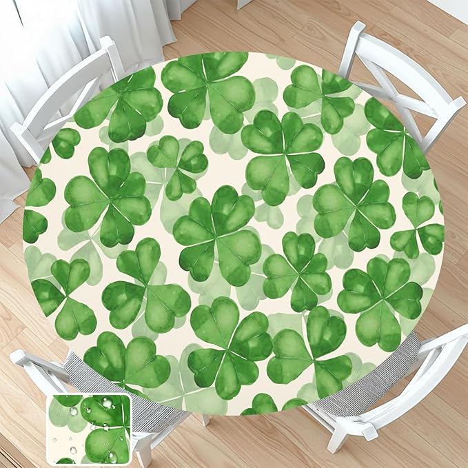 St Patricks Day Round Fitted Tablecloth with Elastic Spring Green Watercolor Shamrock Circle Table Cloth for 40-44" Tables Waterproof Washable Clover Leaf Floral Table Cover for Outdoor Picnic Dining