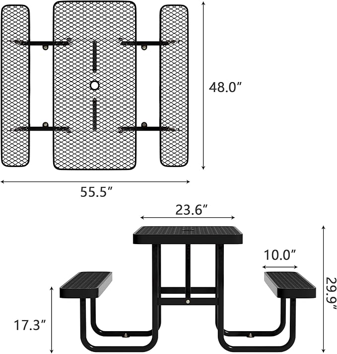 4 FT Metal Picnic Tables for Outside, Outdoor Coated Steel Heavy Duty Commercial Picnic Table with Benches, Patio Table Rectangular Furniture Set for Garden, Lawn, Shops, Parks