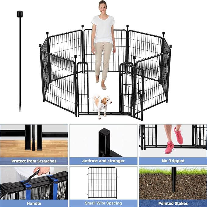 ADAVIN Tall Garden Fence with Gate, 40 in(H) 8 Panels Animal Barrier Fence, Heavy Duty Iron Metal Fence and Border, Indoor or Outdoor Dog Playpen, Flower Bed Fencing, Total 17.7 FT(L),Black