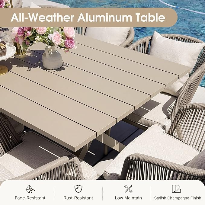 PURPLE LEAF 9 Pieces Patio Dining Set Wicker Outdoor Furniture Rectangular Table and Chairs Set for Garden Deck Aluminum Frame Backyard Kitchen Set, Cushions and Pillows Included Champagne