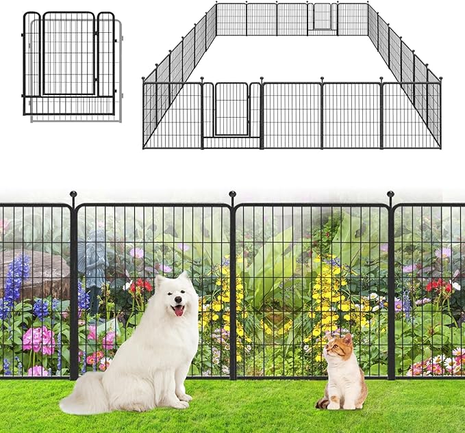Garden Fence with Gate Metal Fencing Outdoor for Yard, 32in x50ft 22 Panels Outdoor Dog Fence Temporary Fence for Dogs Outside, Rustproof Garden Fencing Flower Bed Edging for Patio