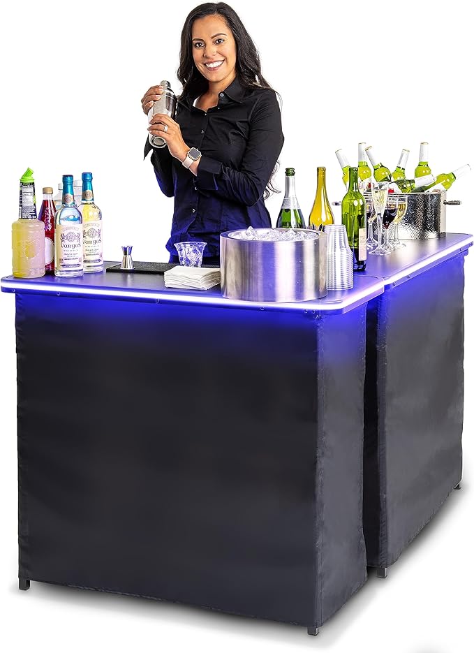 GoPong GoBar Portable Double Bar Table Set with Multi-Color LED Lights - Mobile Bartender Station for Events - Includes Carrying Case