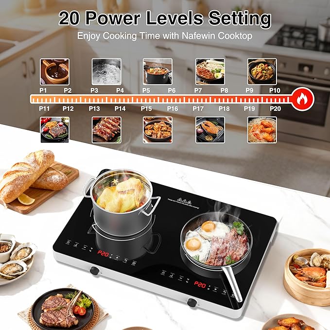 Double Induction Cooktop, 2 Burner Induction Burner 20 Temperature & Power Levels Portable Electric Stove Countertop Burners, Knob Control, Child Safety Lock & 4H Timer, Auto Shut-Off