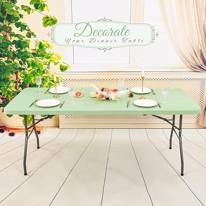 10 Pack Stretch Fabric Table Top Cap Cover, Sage Green Table Covers fits 6Ft Tables, Washable Elastic Universal Rectangle Tablecloth Protector for Indoor Outdoor Party Picnic Wedding (30" W x 72" L)