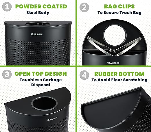 Alpine Half Round Trash Can Open Top - Modern Black Metal 12 Gallon Half Moon, Space Saving Indoor Commercial Trash Cans with Lid, Narrow Garbage Can for Bathroom, Office, Lobby and Business.