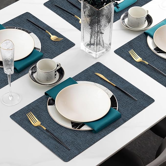 Faux Leather Heat Resistant Placemats Set of 8 – Waterproof Oilproof Wipeable Dining PU Vinyl Place Mat Easy Clean Table Mats for Kitchen/Dining/Party/Holiday, Navy
