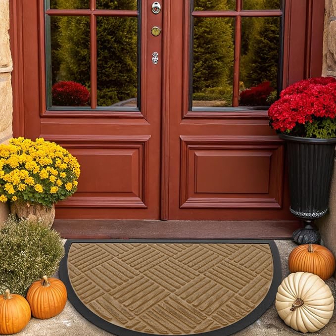 Smiry Half Circle Front Door Mat Outside Entrance, Heavy Duty Outdoor Indoor Natural Rubber Doormat, Non Slip, Trap Dirt and Moisture, Easy Clean Low Profile Patio Porch Entryway Mat, 29.5x17, Coffee