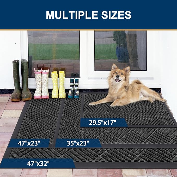 Smiry Front Door Mat Outside Entrance, Heavy Duty Outdoor Indoor Natural Rubber Doormat, Non Slip, Trap Dirt and Moisture, Easy Clean, Low Profile Patio Porch Entryway Mat, 47x23, Black