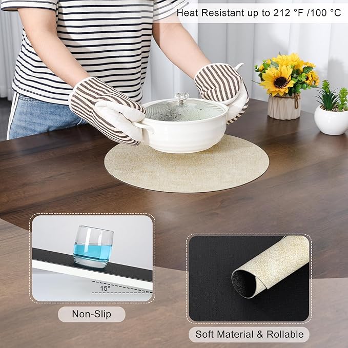 Myir JUN Round Placemats Dual Sided, Faux Leather Place Mats Set of 4 Indoor Placemats for Dining Table Outdoor Placemats Non-Slip Washable Table Mats (Set of 8, Cream Black)