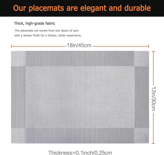 Placemats Set of 6 Washable&Wipeable Silver Place mats for Dining Table Kitchen Indoor Outdoor Table Mats Heat Resistant Non Slip Woven Vinyl Table Placemats (Grey，6PCS)
