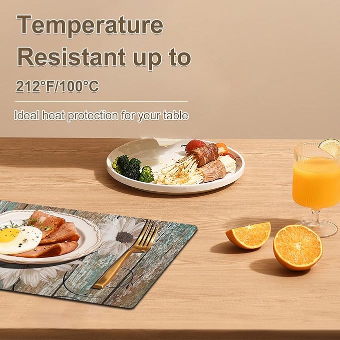 White Sunflower Placemats set of 4 - Floral Faux Leather Heat Resistant Placemats for Dinner Table, Non-Slip Waterproof Oil-Proof Washable Reusable Placemat for Indoor Outdoor Kitchen, 15.75In*11.81In