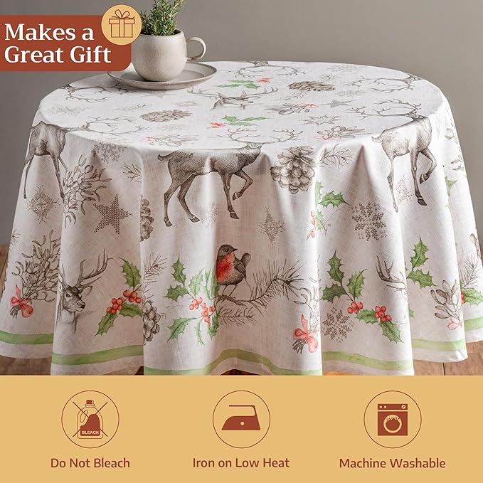 Maison d' Hermine Table Cloth Round Table 100% Cotton 69 Inches Fall Tablecloth Reusable Everyday Use for Thanksgiving Christmas Decorations Dining Farmhouse Party (Christmas Dew)