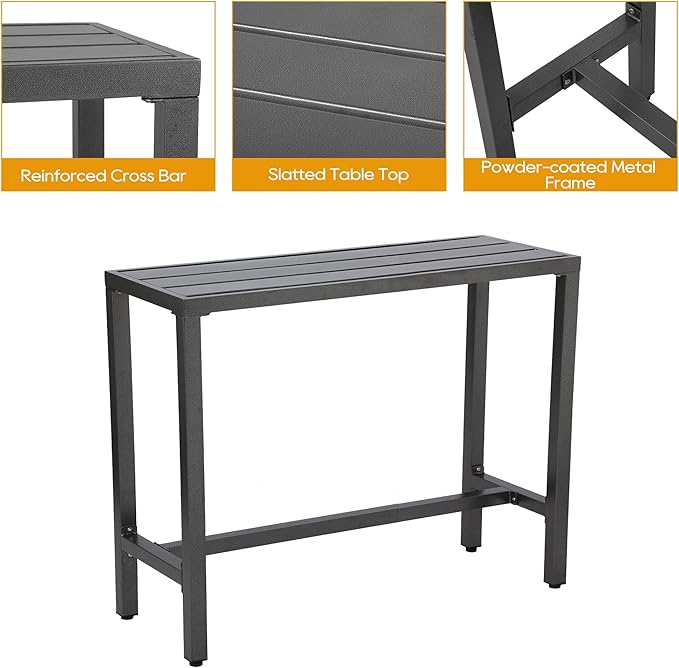 Outdoor Patio Bar Set, Bar Height Patio Dining Set, Weather-Resistant Bistro Counter Pub Set with Cushions & Slatted Tabletop for Backyard (Gray, 47" Table, 2 "I Style Stool)