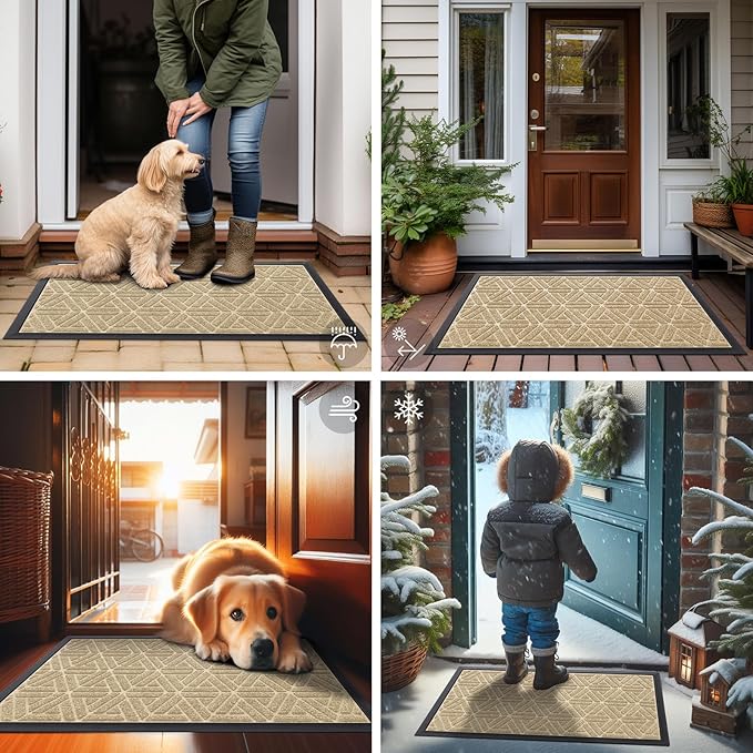 Smiry Front Door Mat Outside Entrance, Heavy Duty Sturdy Natural Rubber Doormat, Trap Dirt and Moisture, Easy Clean Low Profile Mats for Indoor Outdoor Entry, Grid Geometric (59x35, Beige)