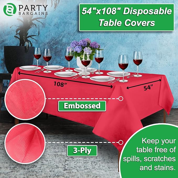 PARTY BARGAINS 10 Disposable Table Covers - 54" X 108" Real-Red Table Cover, 3 Ply Paper & Plastic Tablecloth