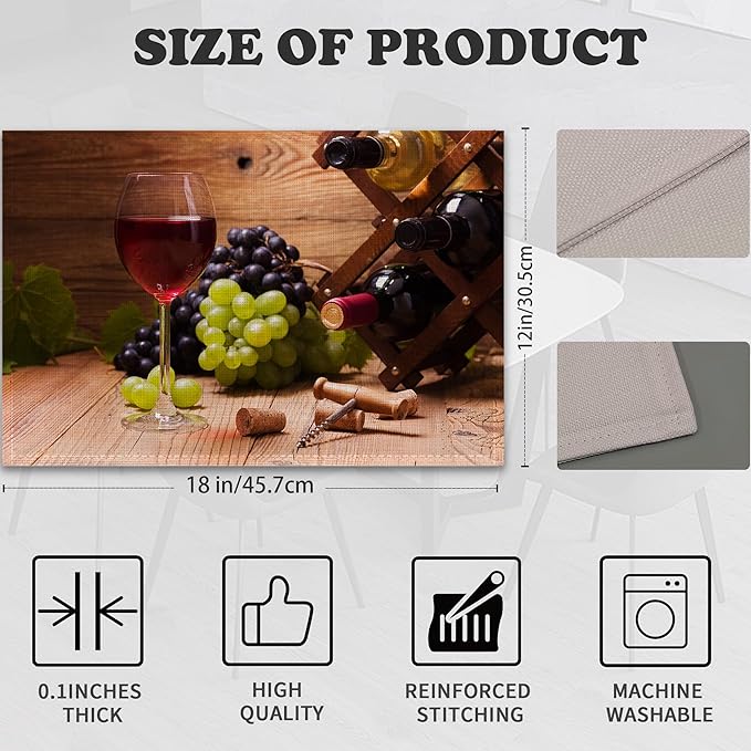 Red Wine Grapes Placemats for Dining Table Set of 6,Glass Cup Place Mats for Home Party Kitchen Indoor Holiday Rustic Washable Heat Resistant Table Mats 12 x 18 Inch