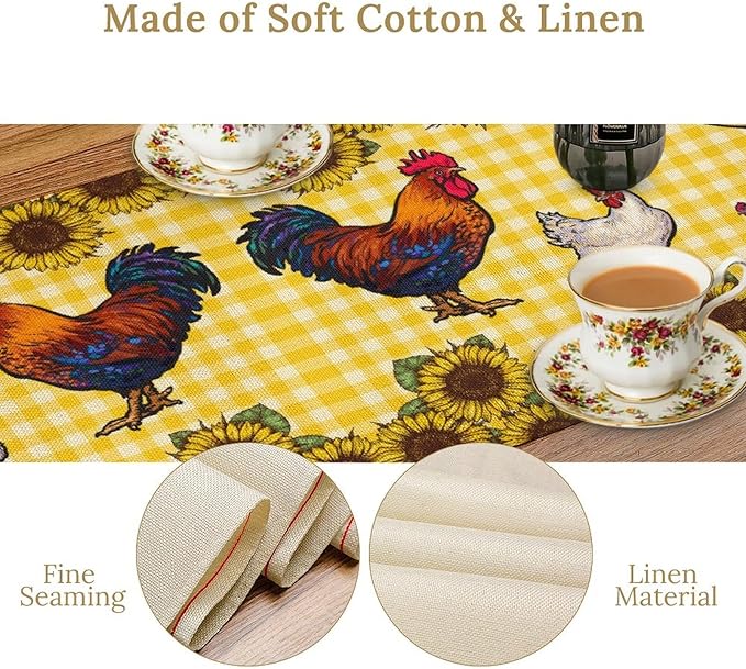 Farm Rooster Table Runner, Retro Western Farmhouse Chicken Sunflower Retro Yellow Buffalo Grid Print Table Runner for Dinning Holiday Party Indoor Outdoor Decor, 13x108inch