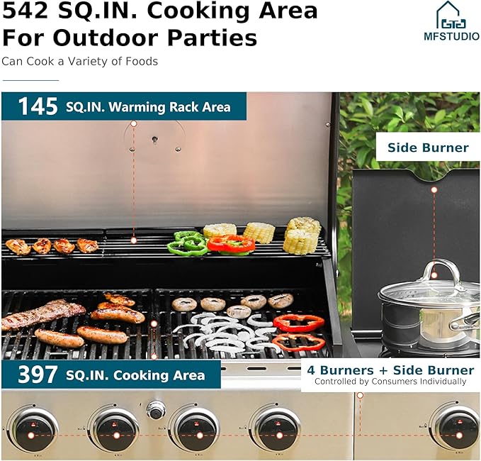 MFSTUDIO 4-Burner Propane Gas Grill, Stainless Steel BBQ Grill with Side Burner and Porcelain-Enameled Cast Iron Grates, High Output Gas BBQ Grills for Barbeque and Outdoor Cooking, Gold