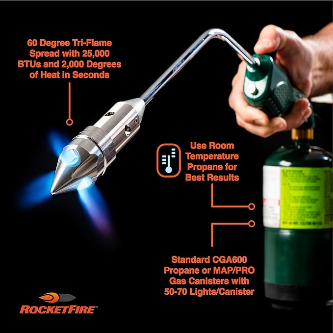 ROCKETFIRE Fire Starter Torch | Perfect Propane Torch Head, Grill Gun, Charcoal Torch | Compatible with Bernzomatic Propane & MAP/PRO Fuels | Tri-Flame Tip | Fuel NOT Included | Case Included | Red