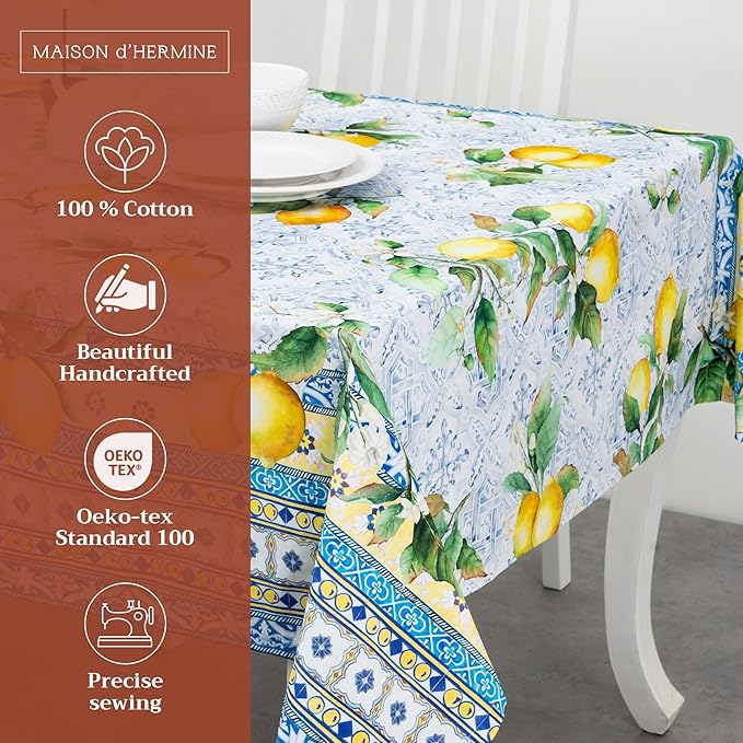 Maison d' Hermine Table Cloth Rectangle Table 100% Cotton 60 x 108 Inches Tablecloth Reusable Decorative Everyday Use for Dining Room, Farmhouse, Home, Party, Festive & Wedding Spring Summer - Citrus