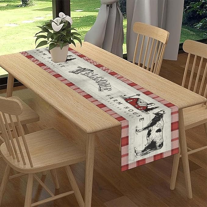 Farmhouse Cow Table Runner, Rustic Red Plaid Animals Buffalo Coffee Table Center Decor for Family Kitchen Dining Room and Living Room Outdoor Country Holiday Party Table Decorations, 13" X 90"