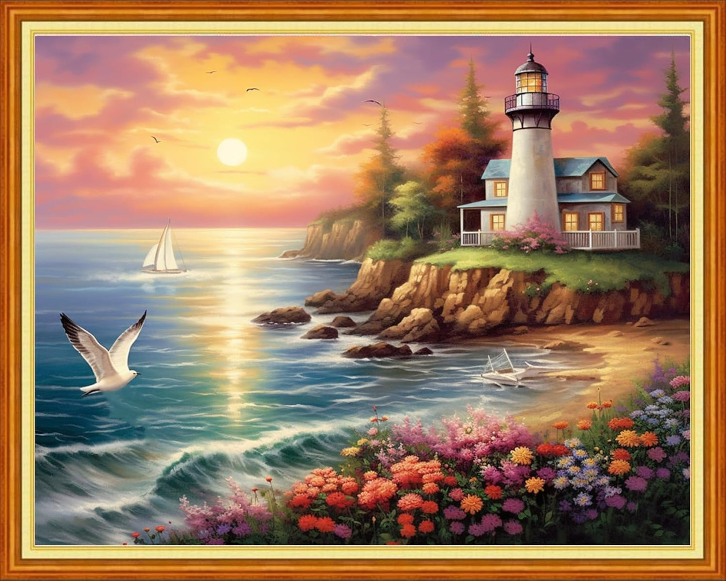 DMCVIVR Stamped Cross Stitch Kits for Adults Beginners Embroidery Kits 11CT Needlepoint Kits Cross Stitch Patterns Embroidery Patterns&Seaside Lighthouse 16x20 inch