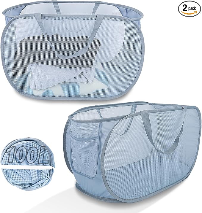 Extra Large Mesh Pop Up Laundry Hamper 2 Pack, 100L Foldable Laundry Baskets, Dirty Clothes Hamper with Pocket, Collapsible Hampers for Travel, Nursery, Dorm or Home. Grey 2H