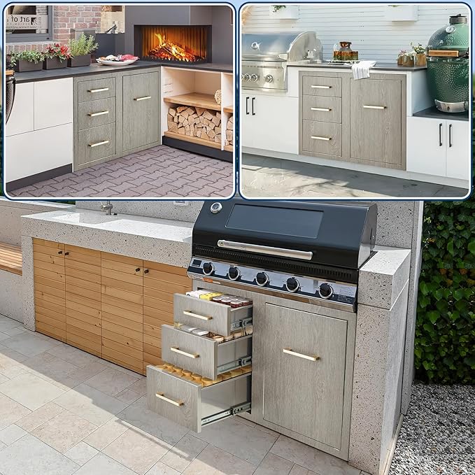 Stainless Steel Outdoor Kitchen Door Drawer Combo 29.5" W x 22.6" H x 21.7" D - Triple Drawers & Access Door, Propane Storage & Adjustable Garbage Ring, Weather-Resistant Flush Mount