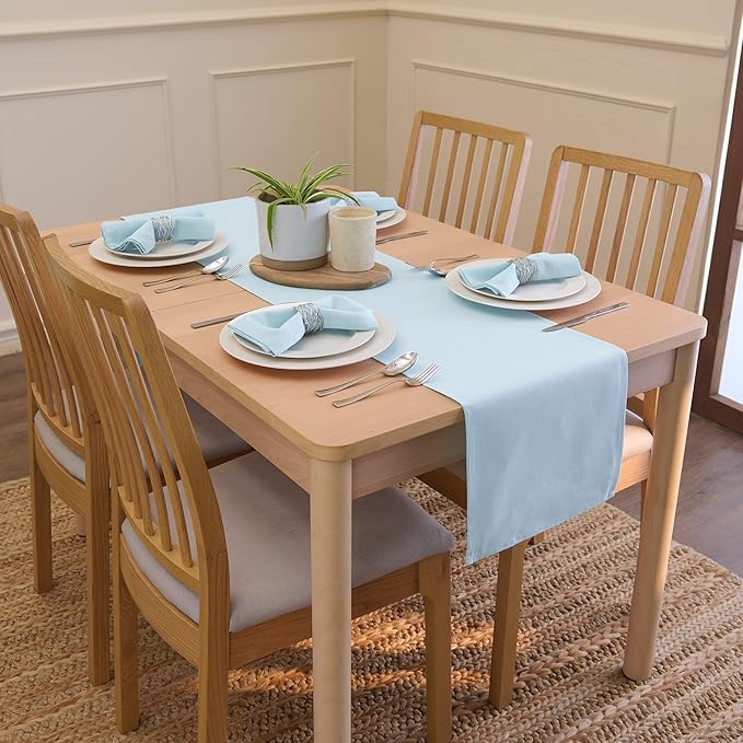 Encasa XO Table Runner 13"x104" Long | Cotton Canvas Fabric | Ice Blue Solid Color | Machine Washable & Durable