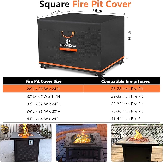 [Upgraded 1000D Heavy Duty Fabric] 28” Fire Pit Cover Square for 25”- 28” Fire Pit/Table, Waterproof Tear & Fade Resistant Firepit Cover with Buckle, Air Vents, Drawstring (28”L x 28”W x 24”H, Black)