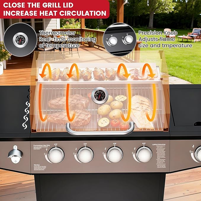 4-Burner Propane Gas Grill with Side Burner, 50,000 BTU Gas BBQ Grill with Stainless Steel Grates,Easy-Clean Grease, Side Tablesfor Patio, Camping, Backyard