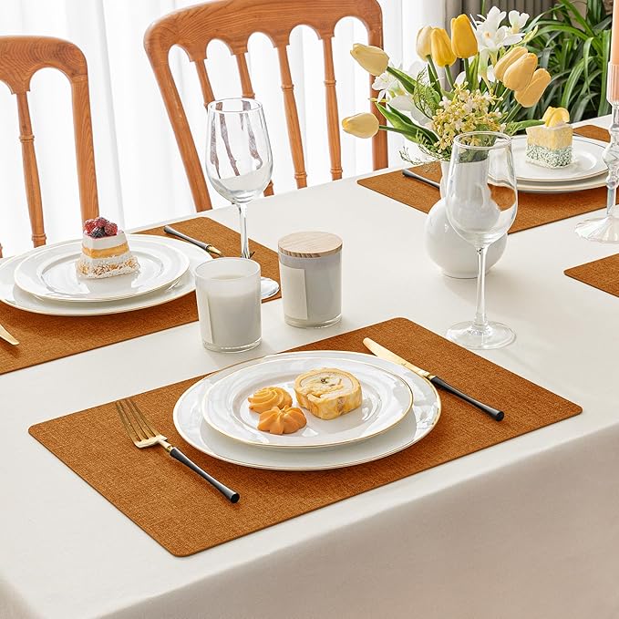 Romanstile Vinyl Placemats Set of 8-12 X 17 Inch - Heat Resistant Place Mats 100% Waterproof Oilproof Wipeable Reversible Faux Leather Table Mats for Kitchen, Dining, Party, Outdoor, Orange