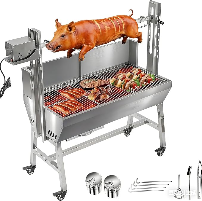 Electric Rotisserie Grill Kit with Windscreen, Large Charcoal Grill with Motor, Stainless Steel Automatic Pork Grill & Outdoor Lamb Goat Roaster, 132 Lbs Capacity for Camping Outdoor
