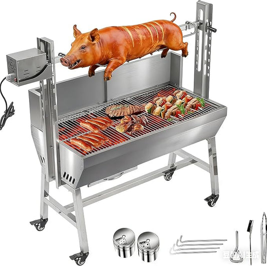 Electric Rotisserie Grill Kit with Windscreen, Large Charcoal Grill with Motor, Stainless Steel Automatic Pork Grill & Outdoor Lamb Goat Roaster, 132 Lbs Capacity for Camping Outdoor