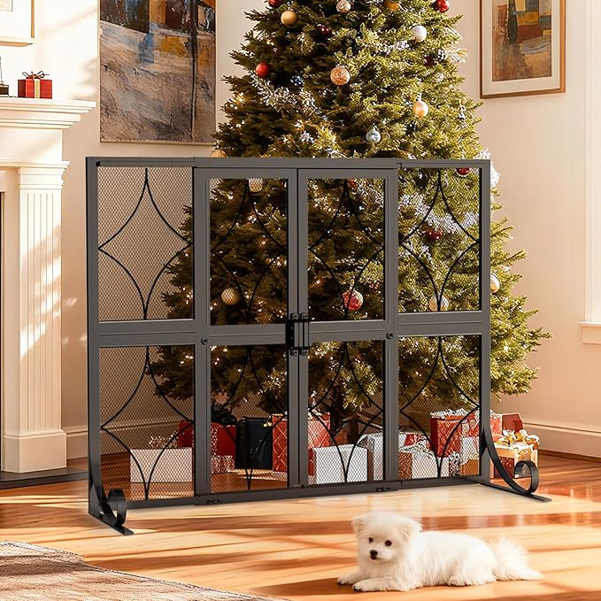 Fireplace Screen with Sliding Doors, 37.8" W x 30.7" H Modern Wrought Iron Spark Guard Cover for Christmas Decorative, Baby and Pet Proof, Large