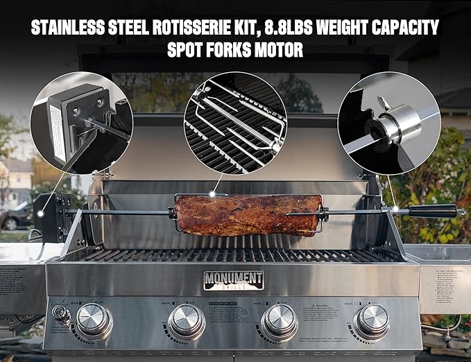 Monument Grills Larger Convertible 4-Burner Natural Gas Grill Stainless Steel Cabinet Style Propane Grills with Rotisserie Kit(2 items)