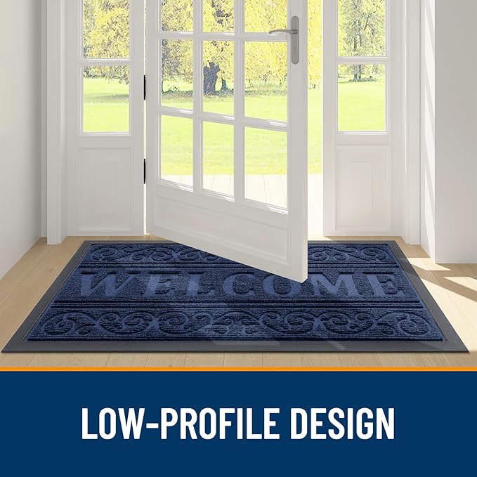 OLANLY Welcome Door Mat Indoor Outdoor Entrance, Heavy Duty Sturdy Front Door Mat, Waterproof All-Weather Doormat, Stain Resistant, Low Profile, Easy Clean Patio Entryway Mat, 47 x 32, Navy Blue