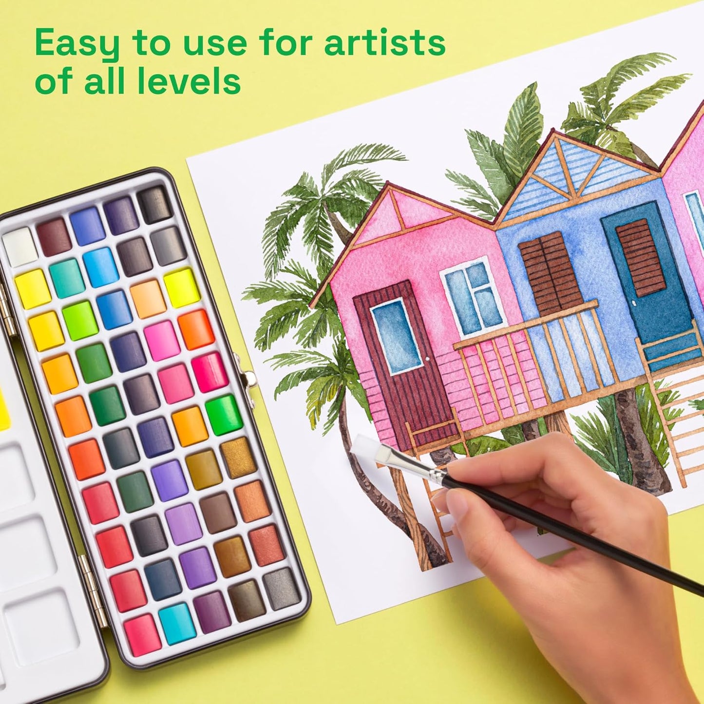 ARTISTRO 50 Watercolor Paint Set, Vivid Colors in Portable Box, Palette set. Perfect Travel Watercolor Set for Artists, Amateur Hobbyists and Painting