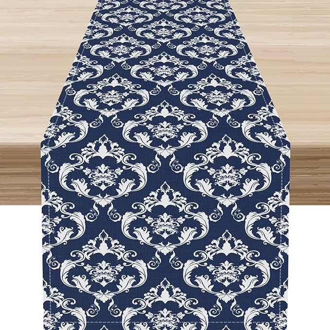 Blue Damask Table Runner, Rustic Gothic Baroque Style Floral Bohemian Boho Flower Antique Vintage Coffee Table Center Decor for Kitchen and Dining Outdoor Country Party Table Decorations, 13"x72"