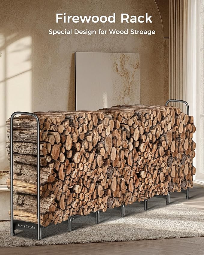 12ft Firewood Log Rack with Cover Outdoor, Heavy Duty Indoor Outdoor Firewood Storage Log Rack with Cover Combo Set Black