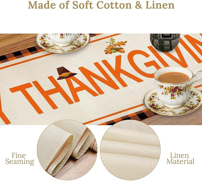 Happy Thanksgiving Table Runner, Autumn Pumpkin Maple Leaves Turkey Print Fall Harvest Holiday Kitchen Dining Table Decor for Indoor Outdoor Party, 13x108inch