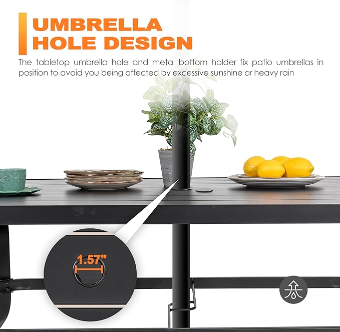 NUU GARDEN Outdoor 61" x 37" Rectangle Dining Table with 1.57" Umbrella Hole, 6-Person Steel Slat Outdoor Patio Table, for Patio, Garden, Backyard and Balcony, Black