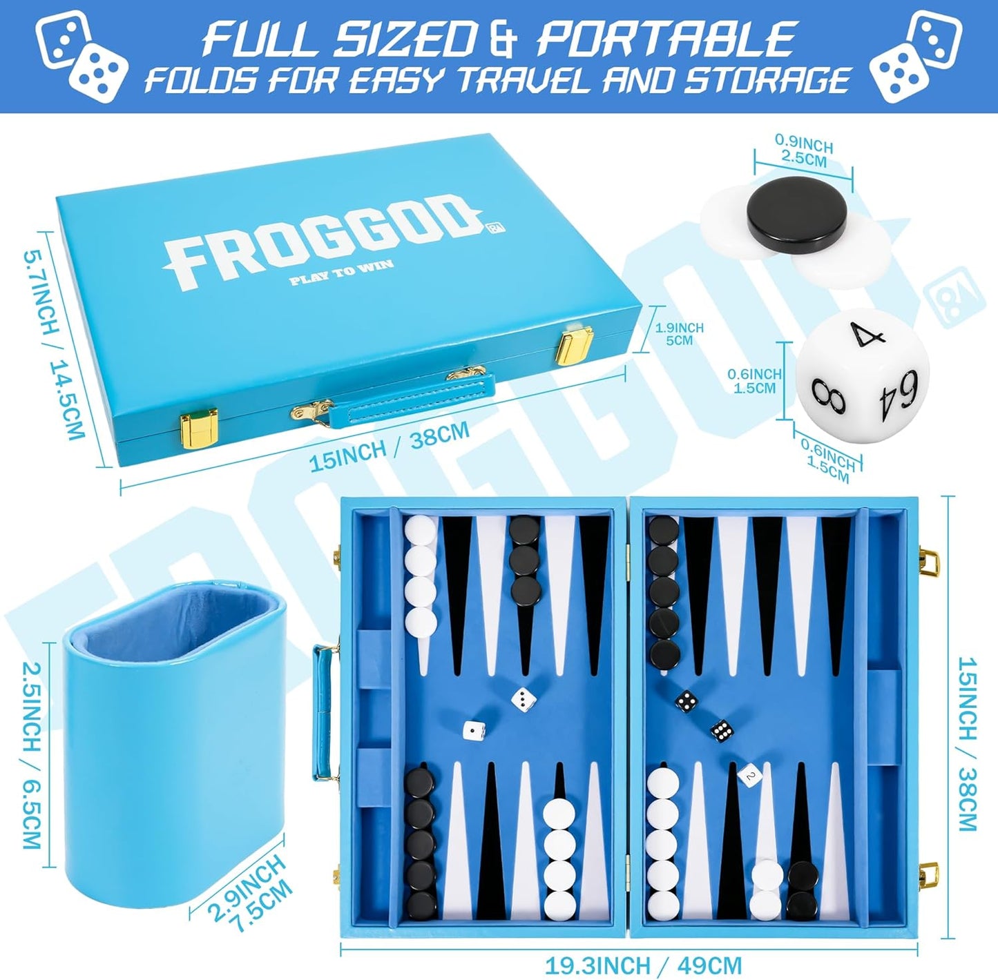 Froggod Travel Backgammon Sets for Adults – 15 Inch Premium Backgammon Set – PU Leather Case with Seamless Flocked Game Surface – Classic Board Games for 2 Player and Gift for Men(Light Blue)