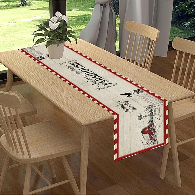 Farmhouse Table Runner, Rustic Country Barn Cottage Rooster Check Animal Plank Coffee Table Center Decor for Home Kitchen Dining Patio Holiday Party Indoor Outdoor Table Decorations 13"x108"