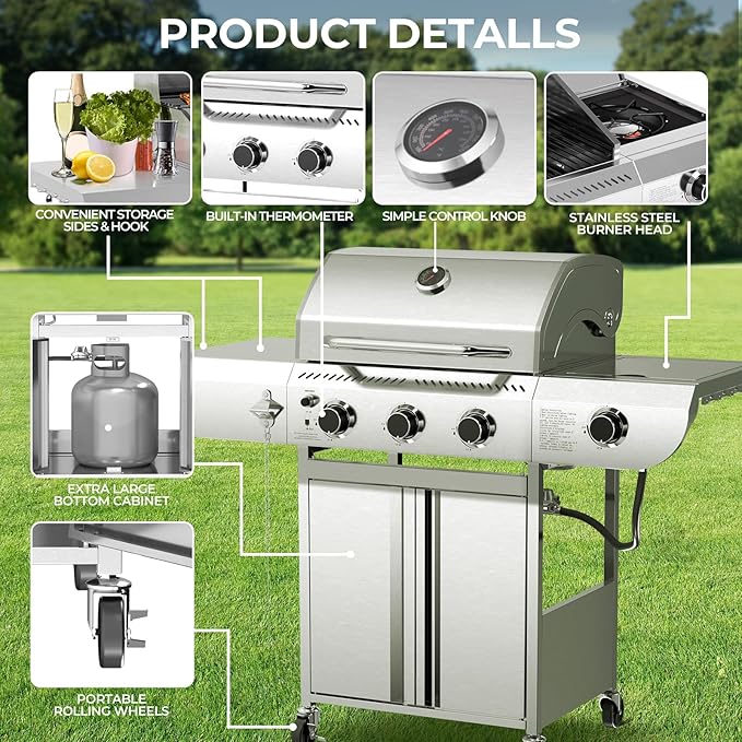 G31 pro Gas Grill 34,000 BTU 3-Burner Propane Grill with Side Burner, Stainless Steel BBQ Grill, Cast Iron Grates & Portable Cart with Wheels，Outdoor Barbecue Grill for Backyard, Patio, Camping