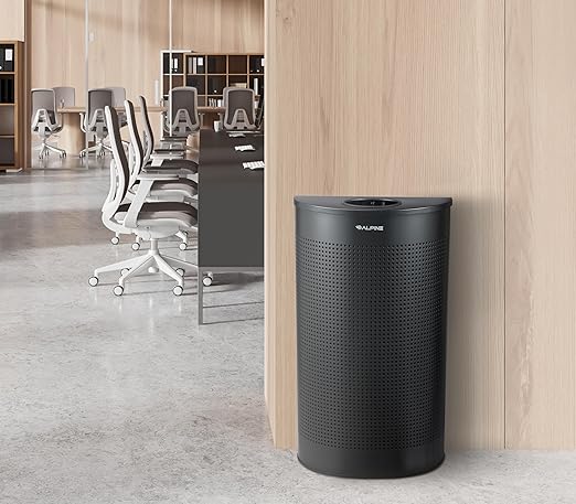 Alpine Half Round Trash Can Open Top - Modern Black Metal 12 Gallon Half Moon, Space Saving Indoor Commercial Trash Cans with Lid, Narrow Garbage Can for Bathroom, Office, Lobby and Business.