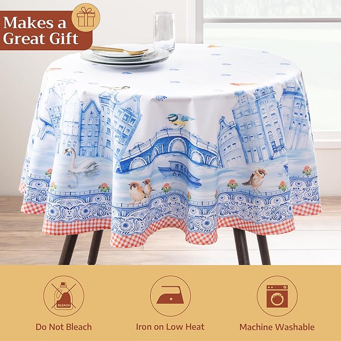Maison d'Hermine Table Cloth Round Table 100% Cotton Tablecloth for Dining Room, Farmhouse, Home, Hotel, Parties & Wedding - Ideal for Easter Decorations Spring & Summer (Amsterdam Canals, 69" Round)