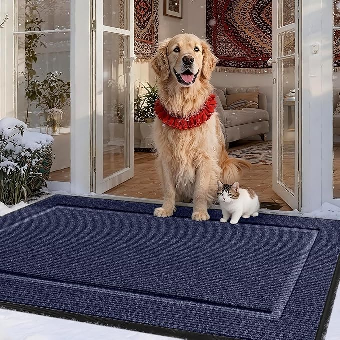 Extra Large Front Door Mat Outside Entrance Indoor Doormat, 60" x 34" Outdoor Mats for Patio Waterproof, Outdoor Door Mats for Outside Entry, Indoor Rugs for Entryway, Sturdy Natural Rubber, Blue