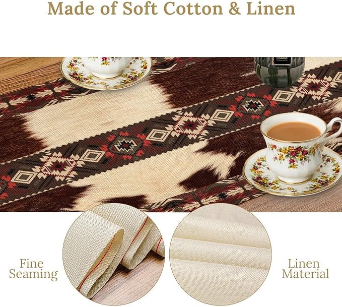 Cowhide Table Runner, Brown Cow Western Exotic Aztec Wild Animals Skin Table Runner for Kitchen Farmhouse Dining Home Outdoor Party 13x70in