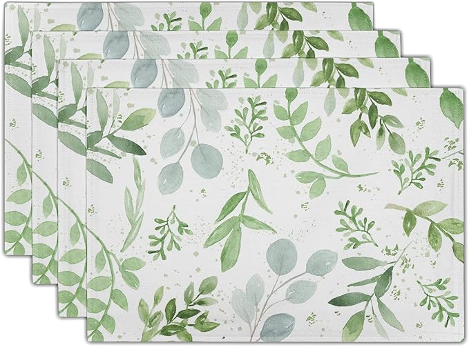 Giwawa Leaf Spring Placemats Set of 4 Sage Green Eucalyptus Leaves Linen Non Slip Place Mat Watercolor Summer Botanical Rustic Farmhouse Kitchen Decorations 12x18 Inch for Home Dining Table Party